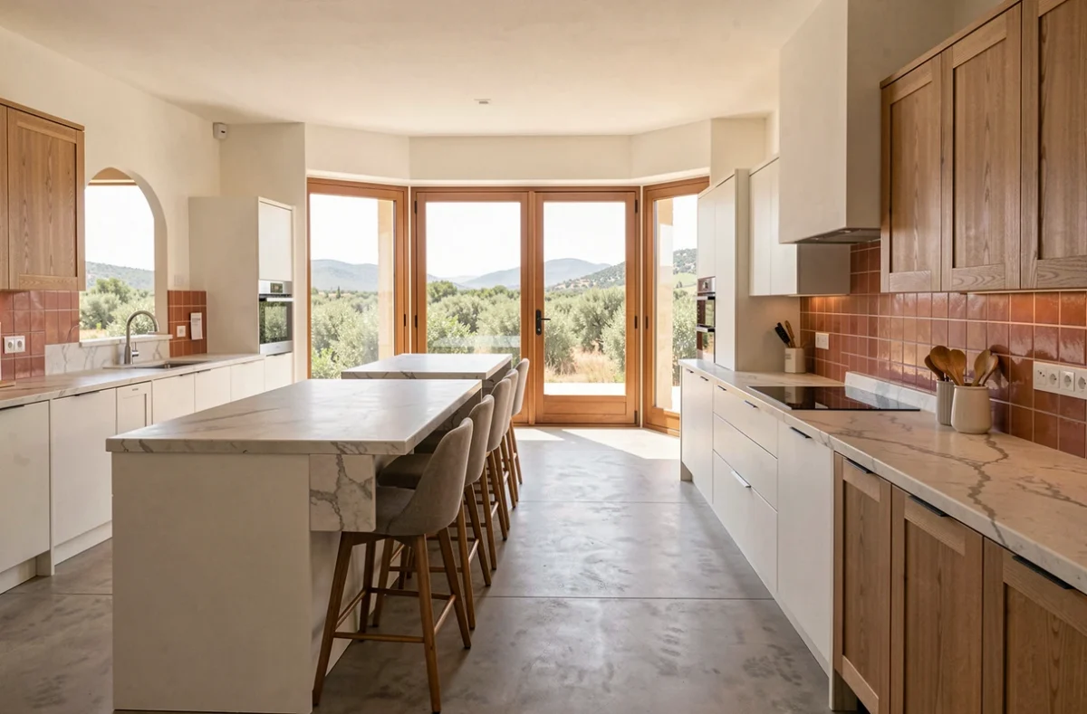Showroom de cuisinistes en Corse avec plusieurs modèles de cuisines modernes et méditerranéennes exposés