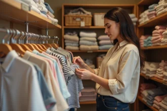 Jeune mère qui choisit des vêtements bébé dans un dépôt vente pour enfants à Caen