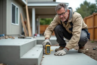 Entrepreneur mesurant la pente d'une terrasse en béton avec un inclinomètre numérique pour vérifier l'angle d'inclinaison