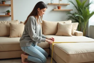 Femme mesurant un canapé méridienne avec un mètre ruban pour choisir la bonne housse