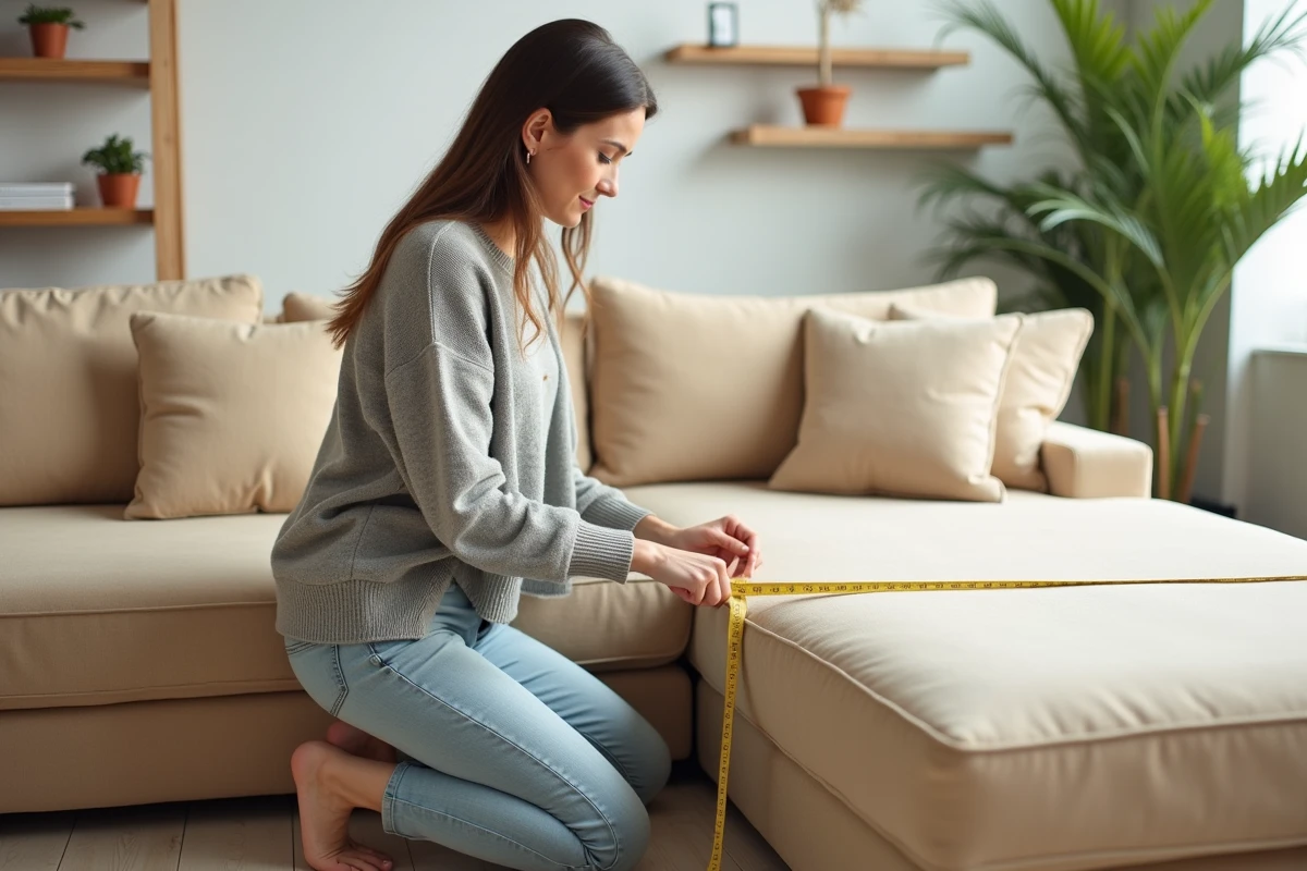 Femme mesurant un canapé méridienne avec un mètre ruban pour choisir la bonne housse