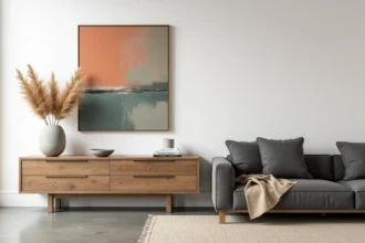Meuble ancien en chêne massif intégré dans un salon moderne avec canapé bouclé et art abstrait contemporain