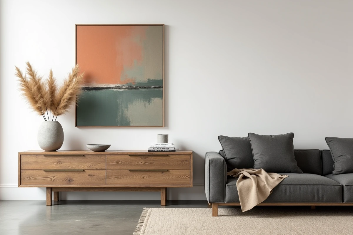 Meuble ancien en chêne massif intégré dans un salon moderne avec canapé bouclé et art abstrait contemporain