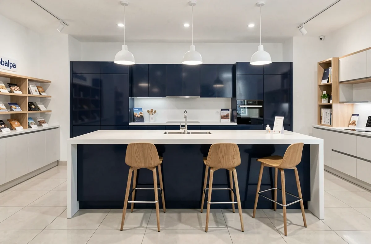 Cuisine modulaire bleu marine et blanc de Mobalpa dans un showroom du réseau corse