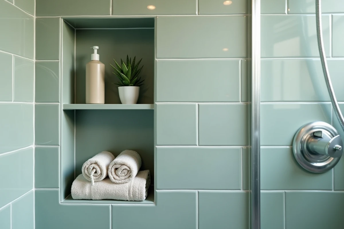 Niches de rangement encastrées dans une douche carrelée vert sauge avec accessoires de salle de bain soigneusement organisés