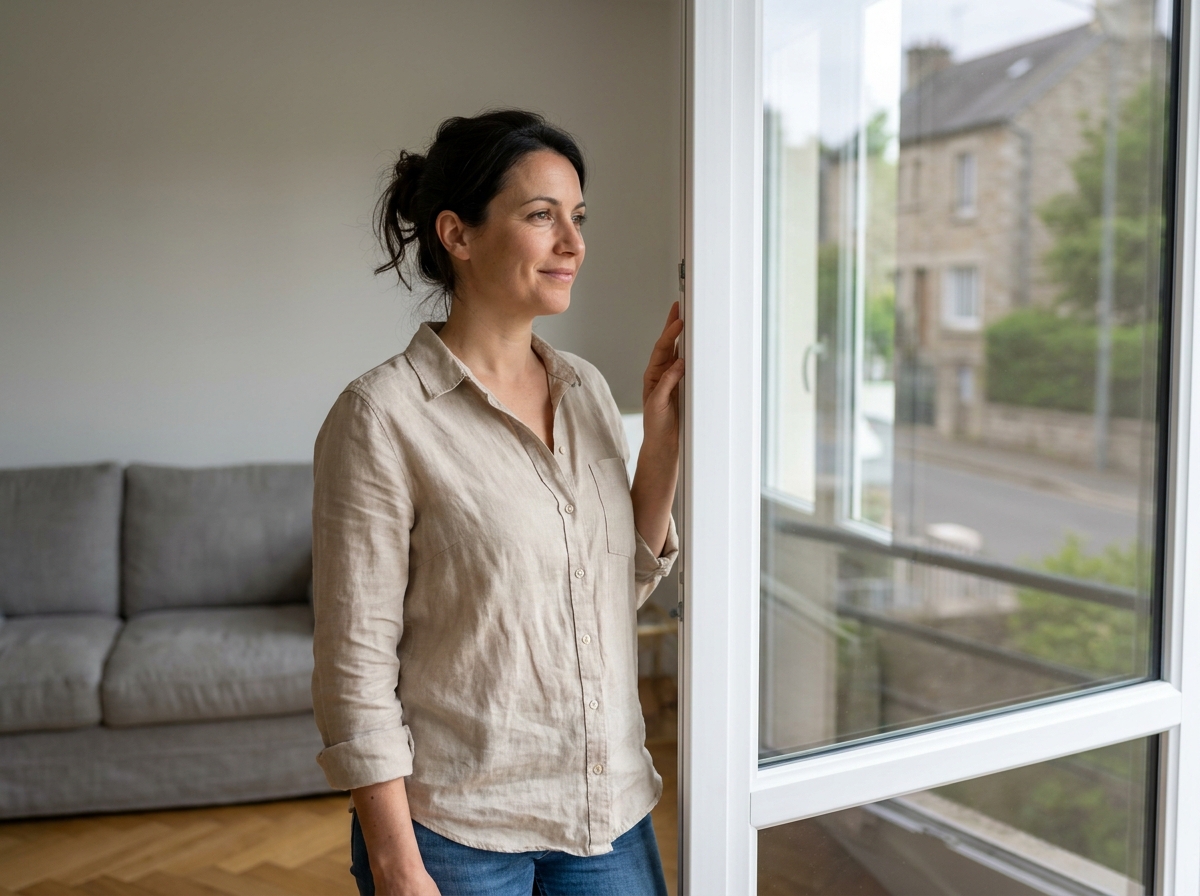 Femme satisfaite devant une nouvelle fenêtre double vitrage en PVC fraîchement installée dans un salon moderne