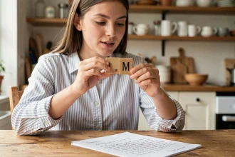 Jeune femme tenant une tuile de lettre M lors d'une partie du Petit Bac, avec une liste d'objets en M posée sur une table en bois