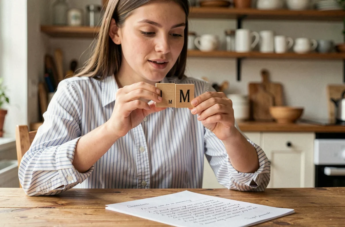 Jeune femme tenant une tuile de lettre M lors d'une partie du Petit Bac, avec une liste d'objets en M posée sur une table en bois