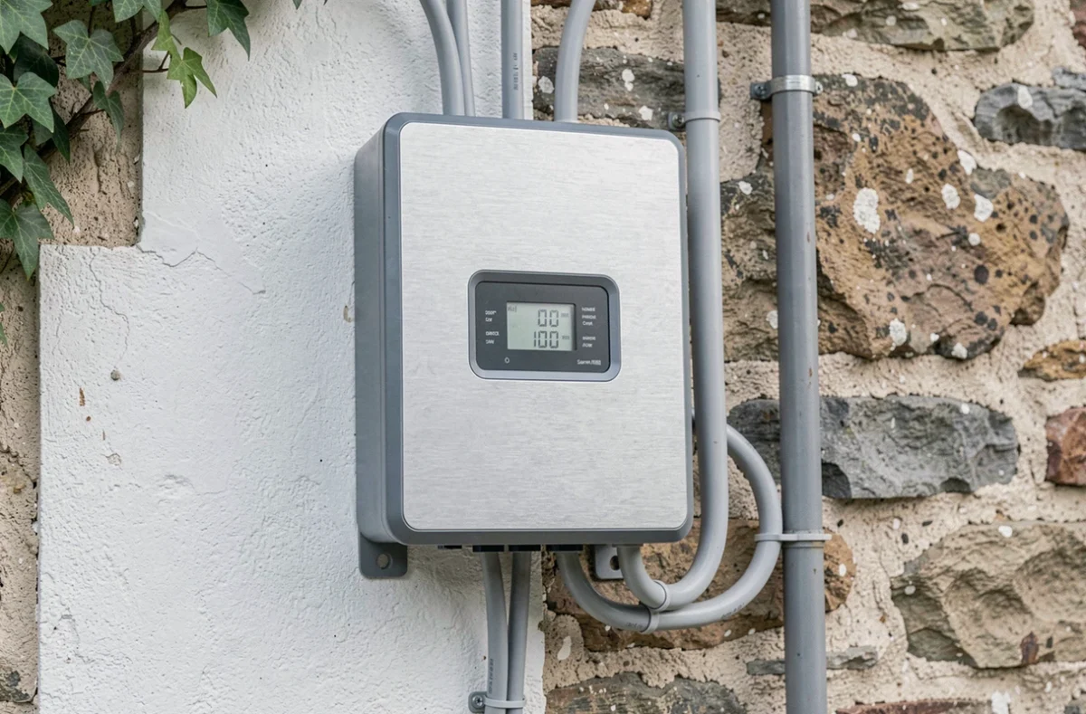 Onduleur solaire résidentiel installé sur le mur extérieur d'une maison française, élément clé du système d'autoconsommation photovoltaïque