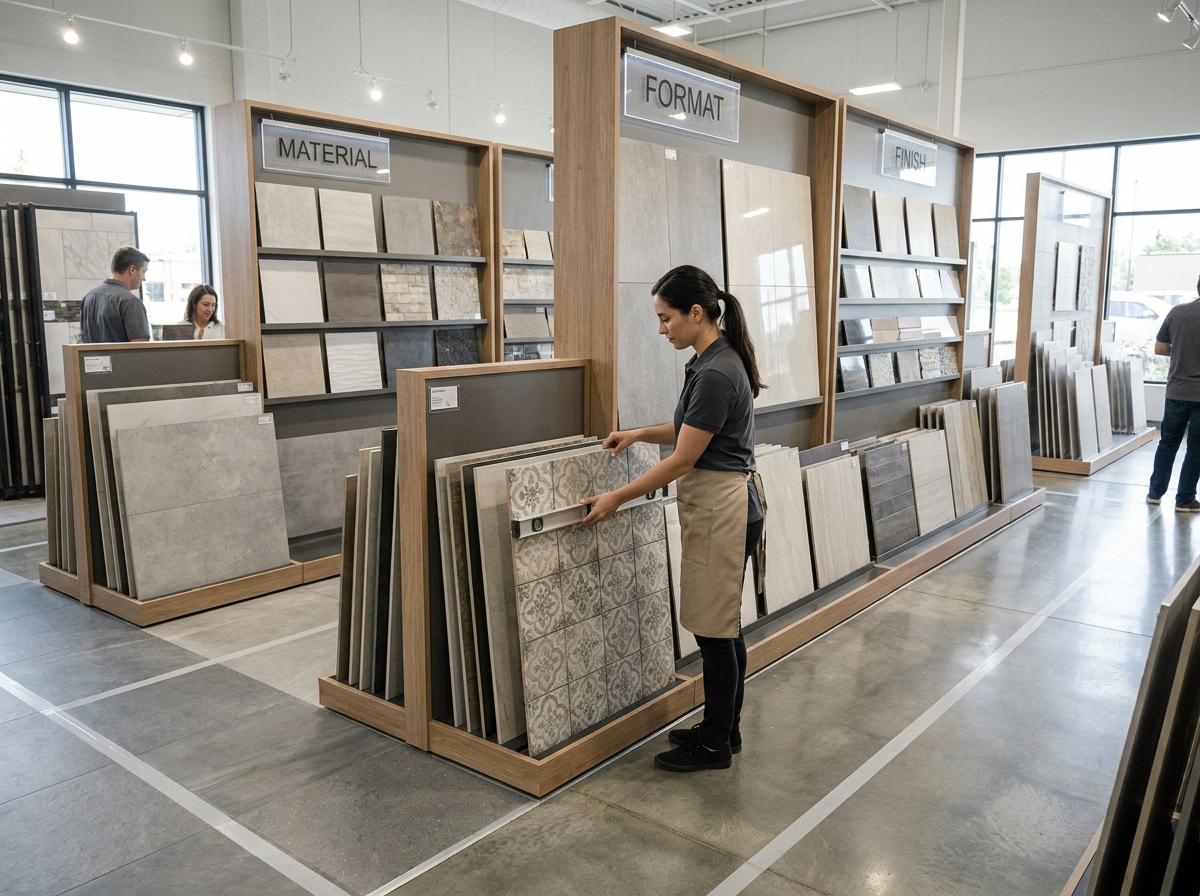 Organisation optimisée de la surface d'exposition dans un showroom de carrelage avec un agencement modulaire efficace