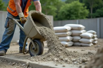 Ouvrier versant du concrete sur une dalle de fondation