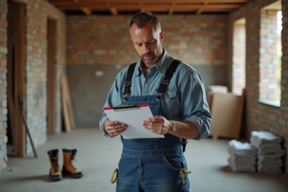 Ouvrier en tenue de chantier prenant des mesures dans une pièce en construction