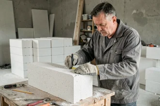 Ouvrier mesurant un bloc de Siporex sur un chantier de rénovation intérieure