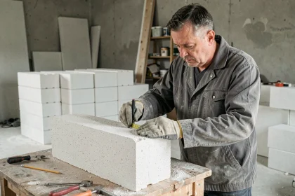Ouvrier mesurant un bloc de Siporex sur un chantier de rénovation intérieure