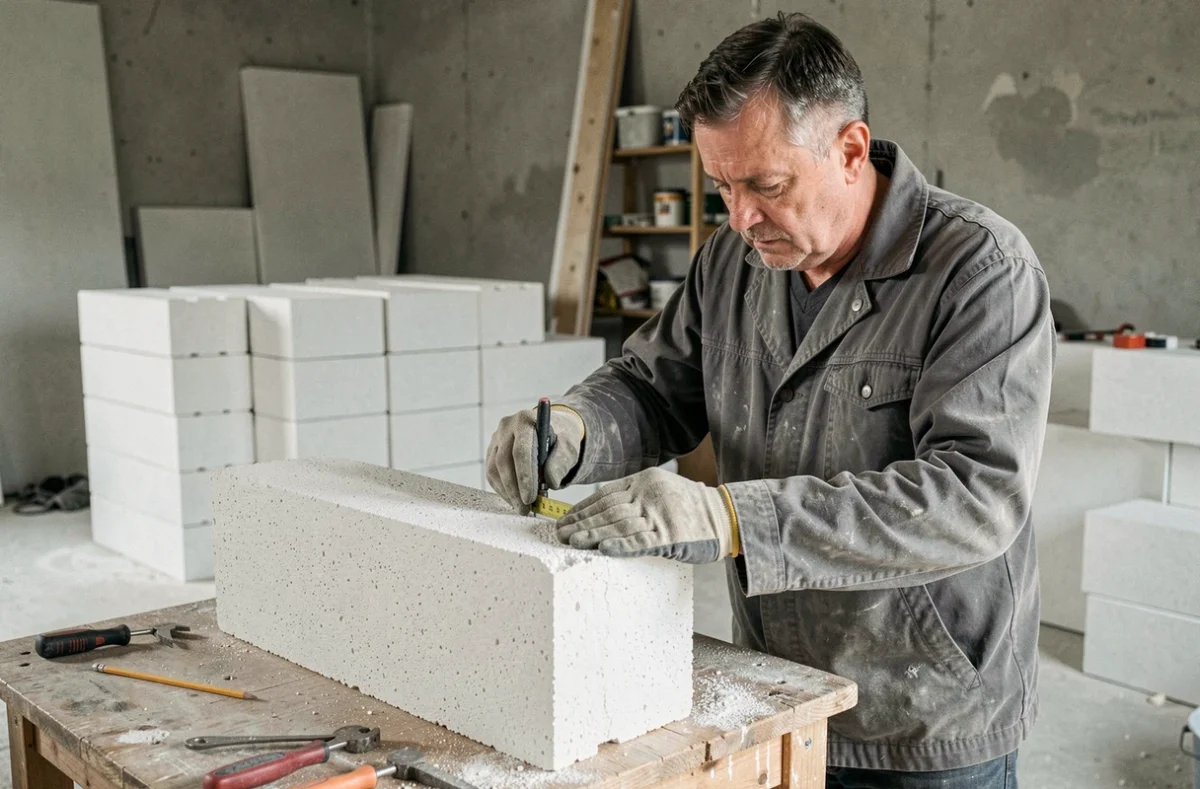 Ouvrier mesurant un bloc de Siporex sur un chantier de rénovation intérieure