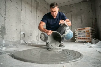 Ouvrier versant du ragréage autonivelant sur un sol en béton brut lors d'une rénovation intérieure