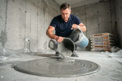 Ouvrier versant du ragréage autonivelant sur un sol en béton brut lors d'une rénovation intérieure