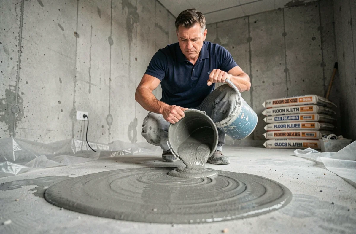 Ouvrier versant du ragréage autonivelant sur un sol en béton brut lors d'une rénovation intérieure