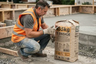 Ouvrier du bâtiment lisant l'étiquette d'un sac de béton de 35 kg sur un chantier de dalle en béton
