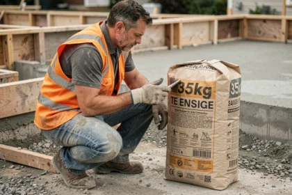 Ouvrier du bâtiment lisant l'étiquette d'un sac de béton de 35 kg sur un chantier de dalle en béton