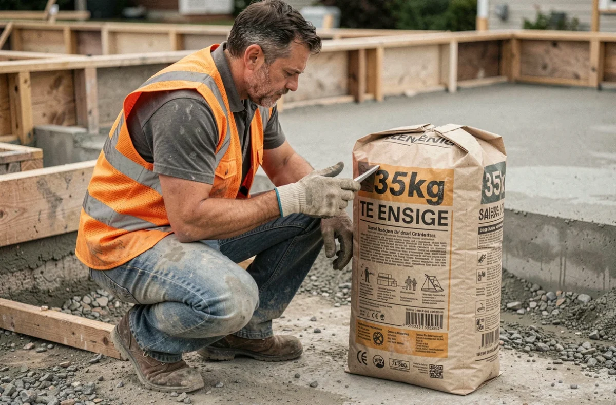 Ouvrier du bâtiment lisant l'étiquette d'un sac de béton de 35 kg sur un chantier de dalle en béton