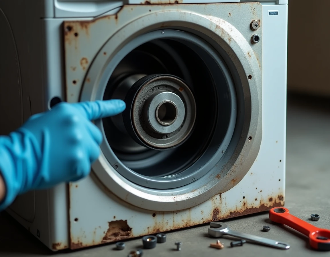 Intérieur d'une machine à laver endommagée montrant des pièces usées dues à un surpoids de linge répété