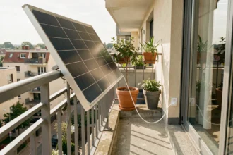 Panneau solaire plug-and-play installé sur le balcon d'un appartement branché sur une prise murale standard
