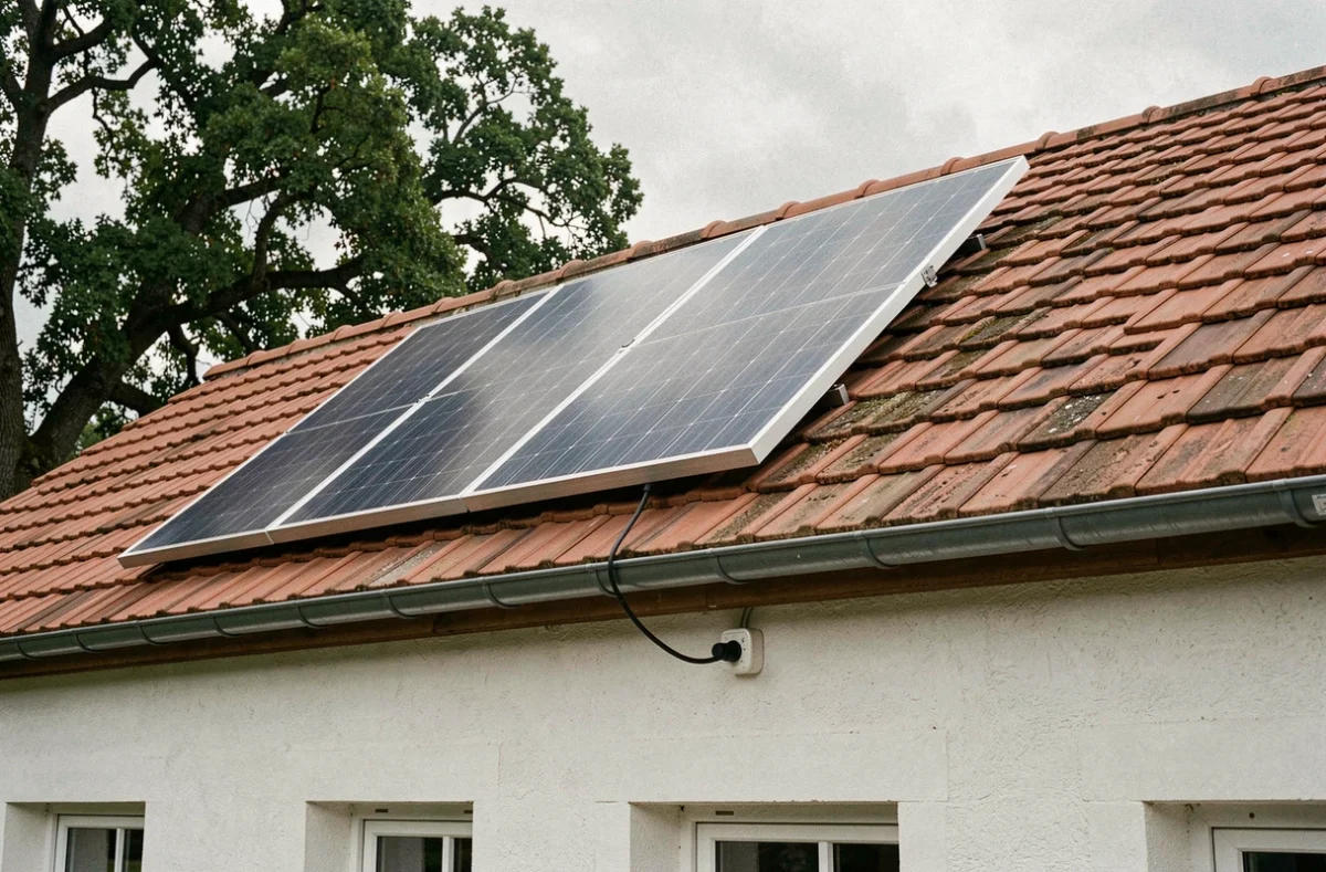 Deux panneaux solaires plug-and-play installés sur un toit de maison individuelle reliés à une prise extérieure
