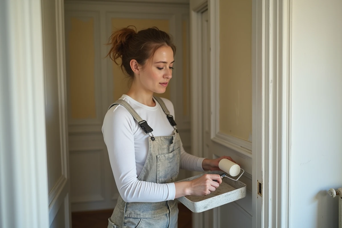 Femme appliquant un primaire d'accrochage sur une peinture glycéro dans un couloir d'appartement en location