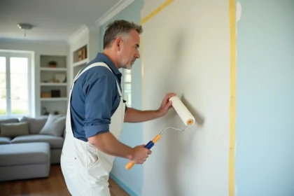 Peintre professionnel appliquant de la peinture sur un mur intérieur