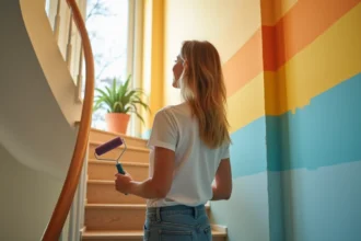 Femme peignant un escalier avec des bandes de couleurs vives