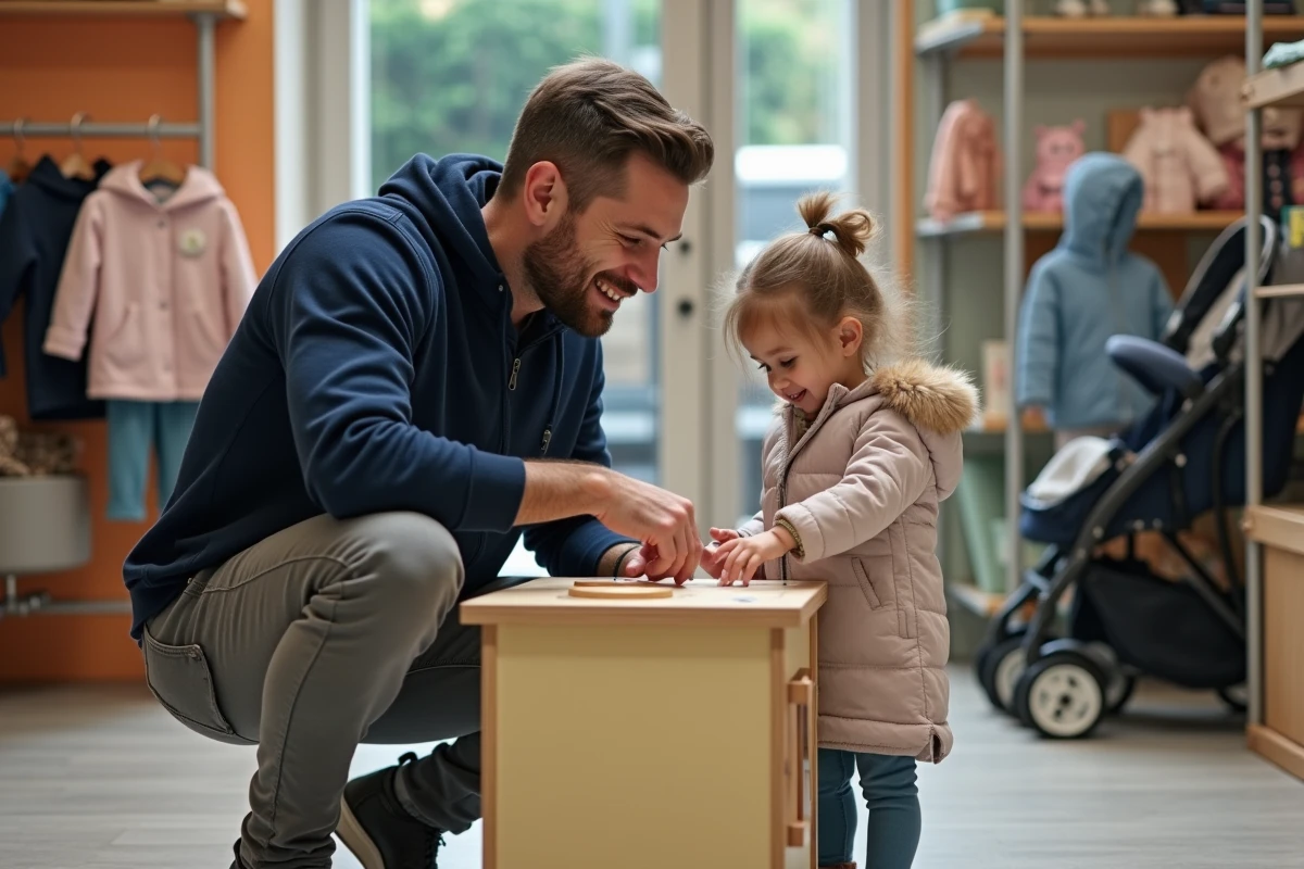 Père et fillette découvrant un jouet en bois d'occasion dans un dépôt vente pour enfants à Caen
