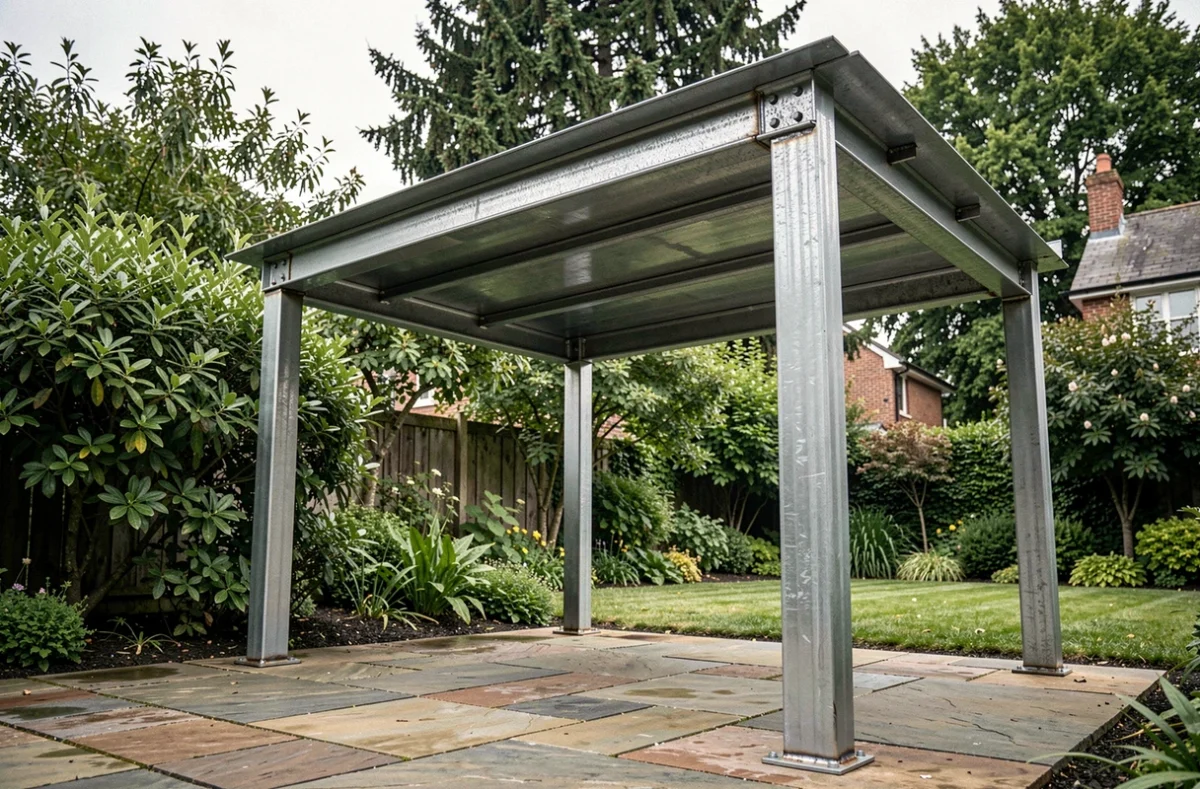Pergola en cours de construction avec des tôles acier 2mm dans un jardin résidentiel, projet de rénovation extérieure