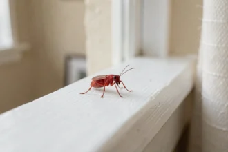 Petit insecte rouge photographié en macro sur un rebord de fenêtre en bois blanc à l'intérieur d'une maison familiale