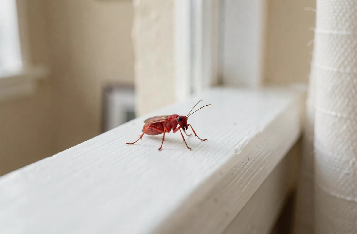 Petit insecte rouge photographié en macro sur un rebord de fenêtre en bois blanc à l'intérieur d'une maison familiale