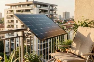 Petit panneau solaire monocristallin compact installé sur un balcon d'appartement en milieu urbain