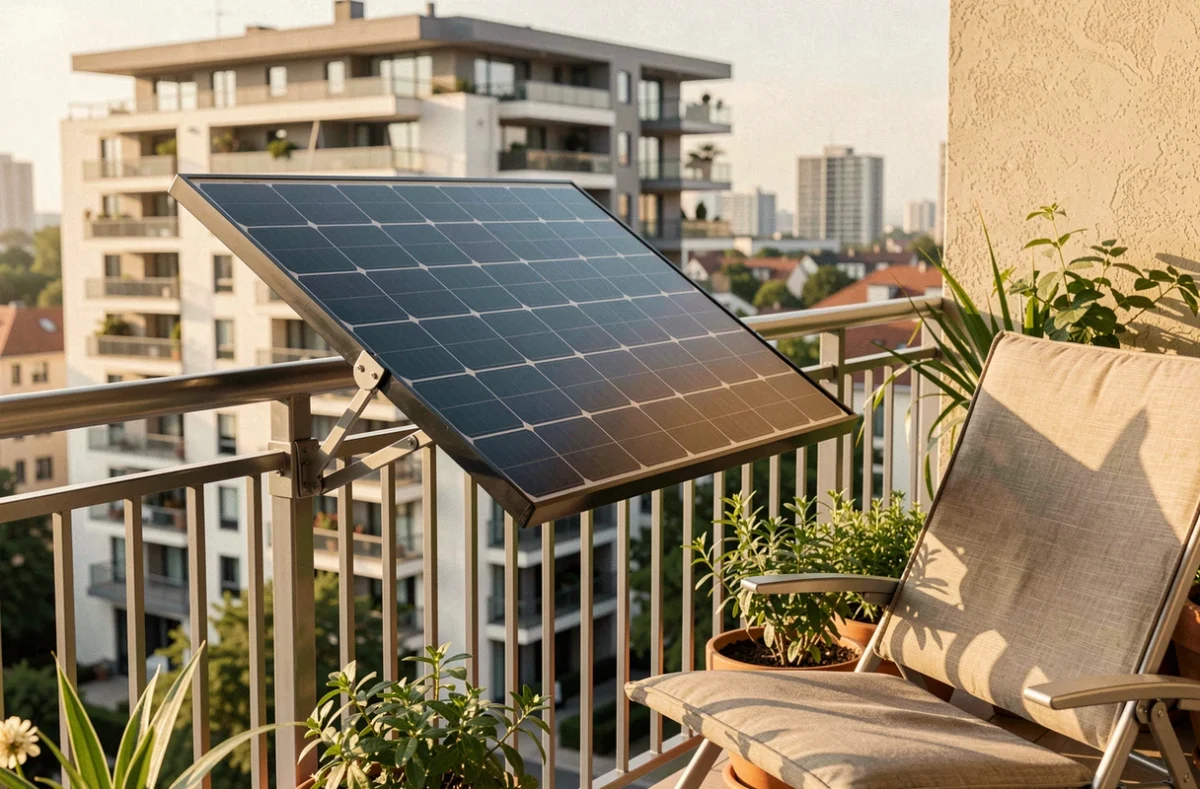 Petit panneau solaire monocristallin compact installé sur un balcon d'appartement en milieu urbain