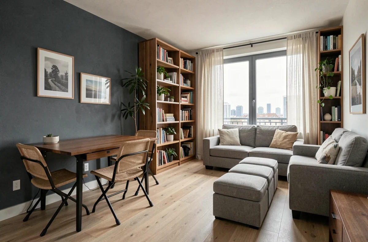 Petit salon salle à manger combinés avec table rabattable, bibliothèque murale et rangements intégrés dans un appartement urbain