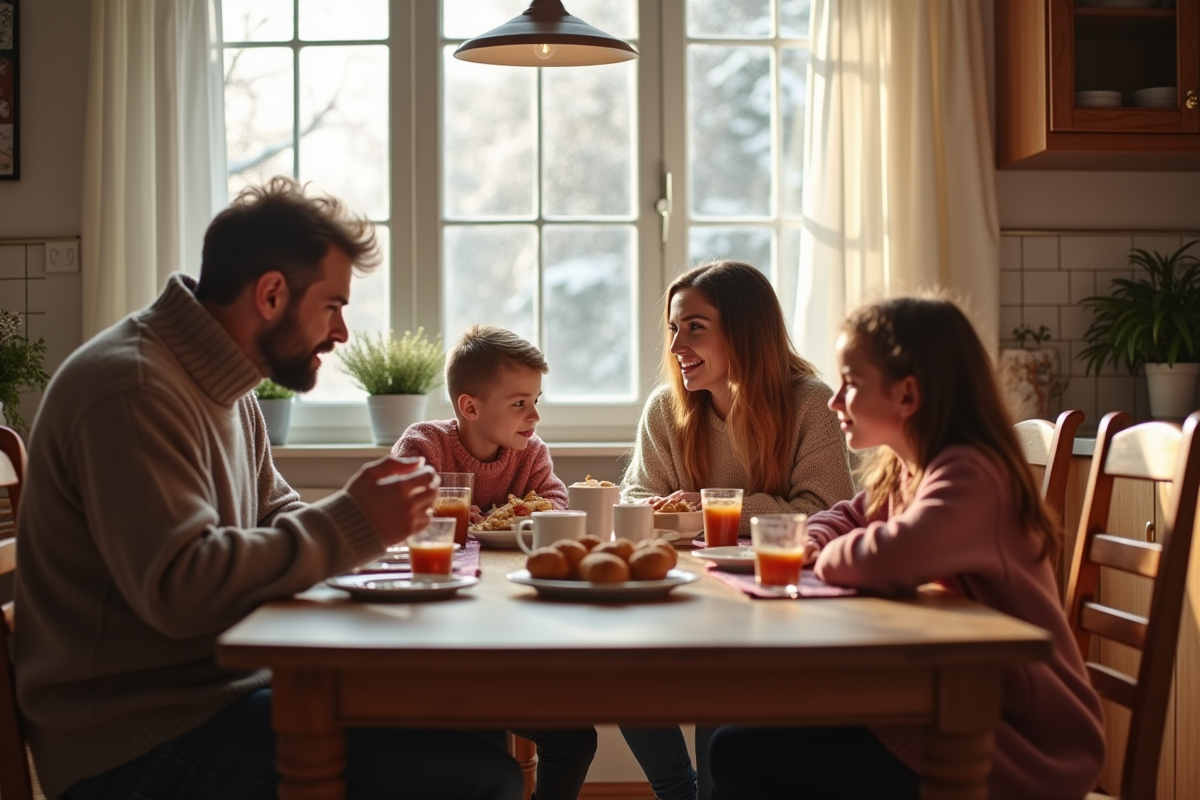 Famille en pulls autour d un petit déjeuner chaleureux