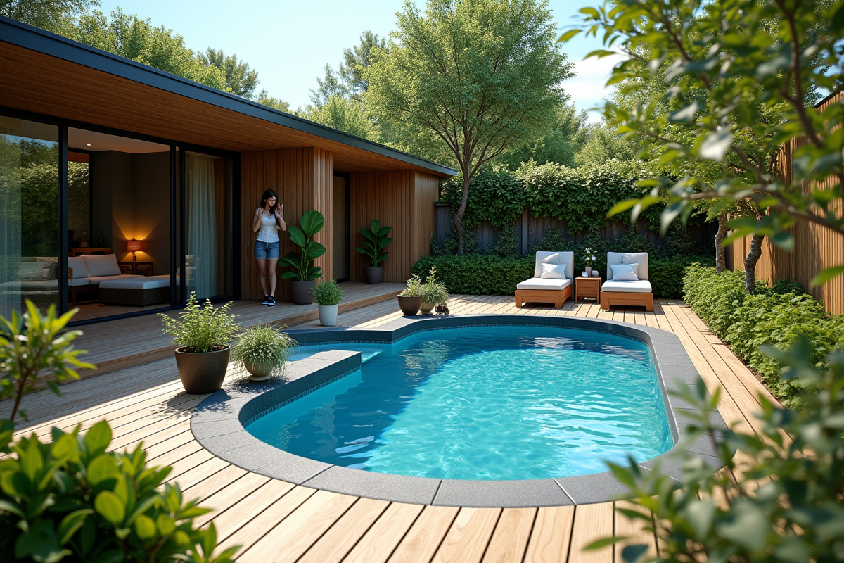 Petite piscine aménagée avec jardin et détente familiale