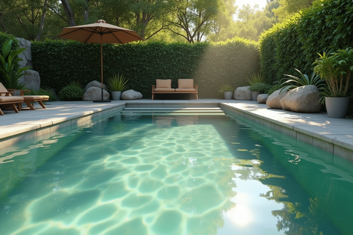 Piscine de jardin naturelle avec eau légèrement verte et végétation