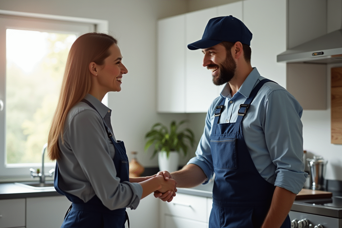 Plombier professionnel serre la main du propriétaire dans une cuisine moderne