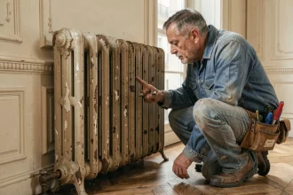 Plombier inspectant un ancien radiateur en fonte dans un appartement haussmannien parisien