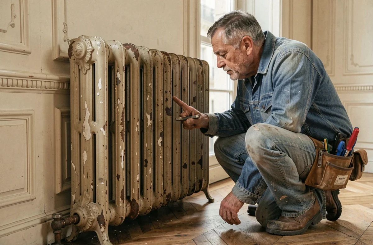 Plombier inspectant un ancien radiateur en fonte dans un appartement haussmannien parisien