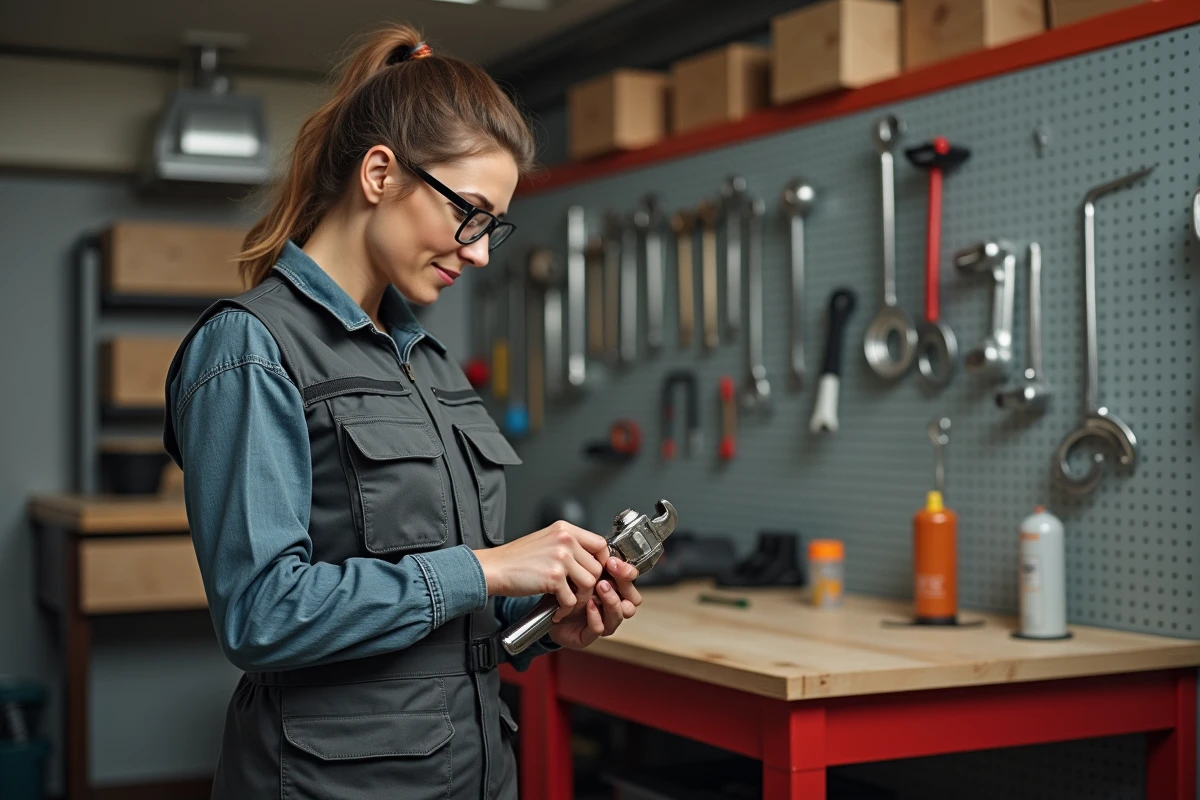 Plombière expérimentée vérifiant ses outils dans un atelier moderne