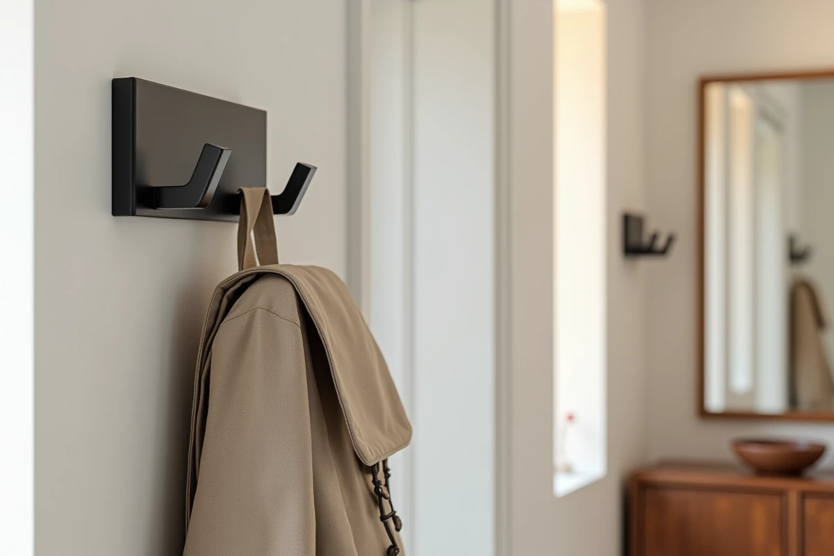 Porte-manteaux mural géométrique en métal noir mat dans un couloir moderne avec miroir et console en bois