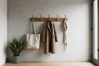 Porte-manteaux mural moderne en laiton brossé dans une entrée minimaliste scandinave avec manteau en laine et sac en lin