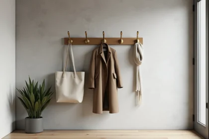 Porte-manteaux mural moderne en laiton brossé dans une entrée minimaliste scandinave avec manteau en laine et sac en lin