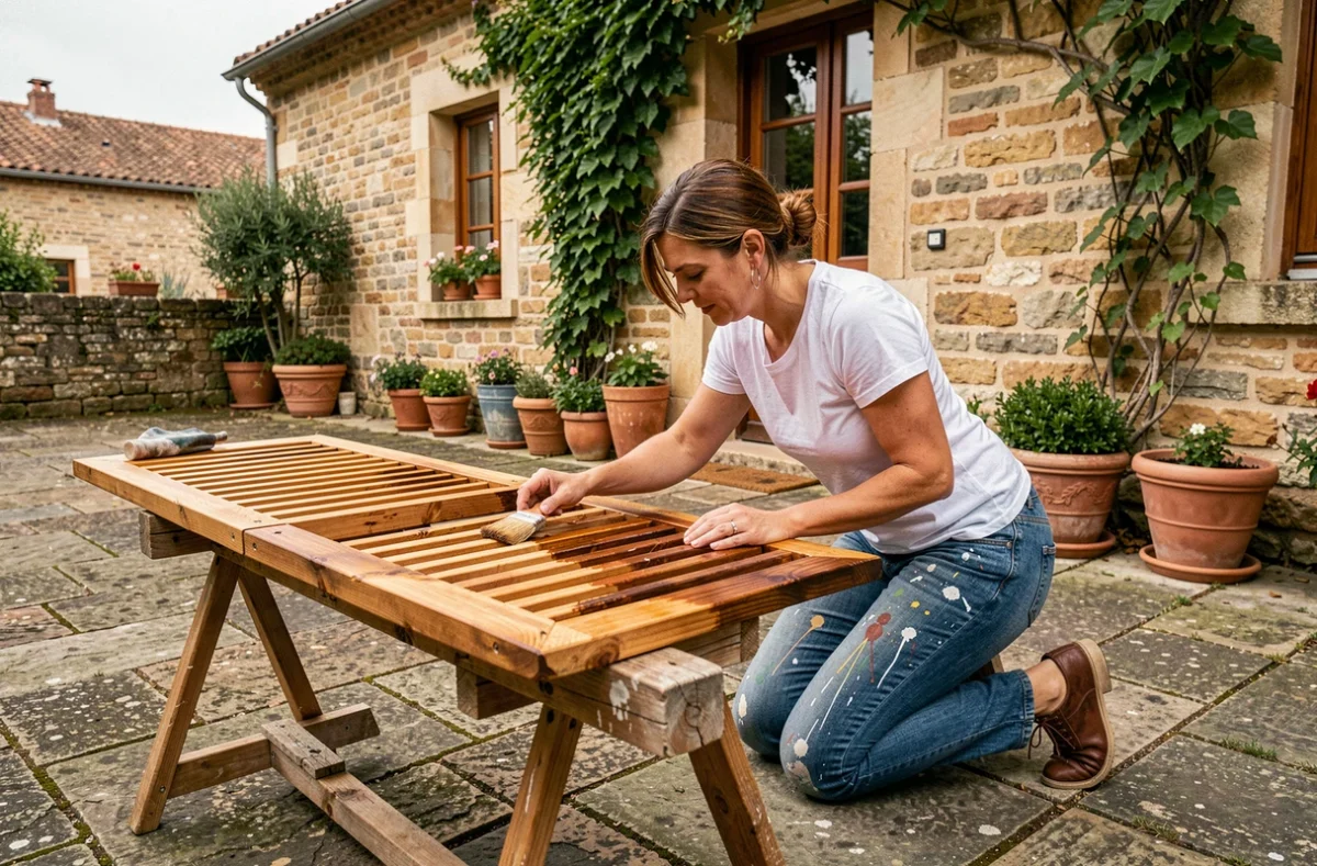 Femme appliquant une lasure sur un volet en bois fait maison devant une maison en pierre