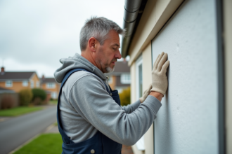 Homme appliquant des panneaux d'isolation sur une maison